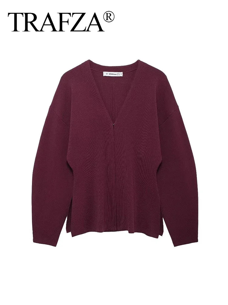 TRAFZA Women Elegant Knitted Coats Fashion Burgundy Red V-neck Slim Cardigan Autumn Office Lady Chic Solid Long Sleeve Outerwear