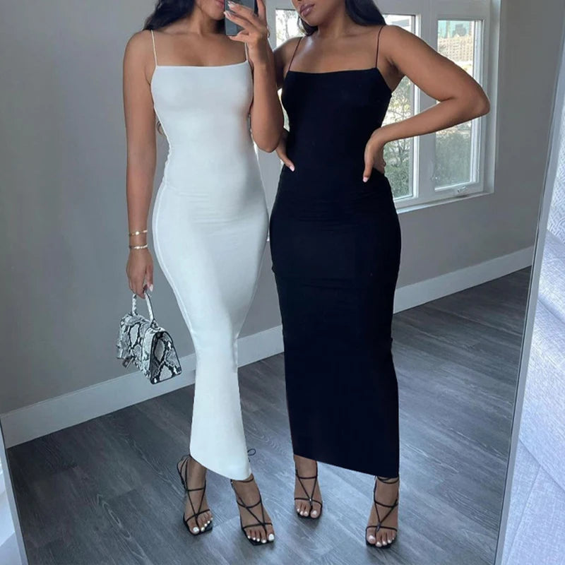 Summer Sexy Dress Women Nova Silhouette Streetwear Sleeveless Backless Solid Spaghetti Strap Bodycon Casual Clubwear Elegant Party Dresses