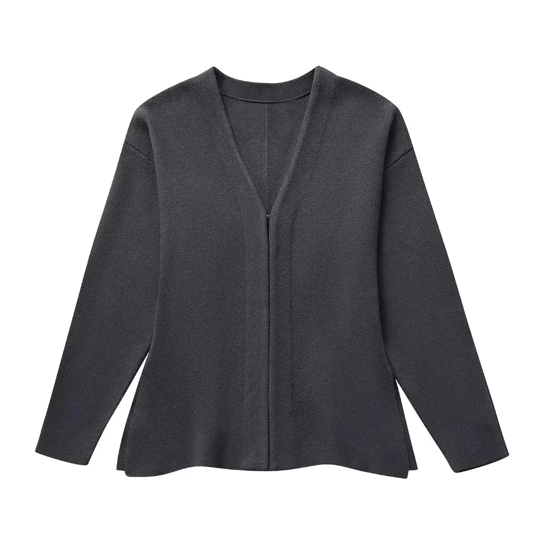 TRAFZA Women Elegant Knitted Coats Fashion Burgundy Red V-neck Slim Cardigan Autumn Office Lady Chic Solid Long Sleeve Outerwear