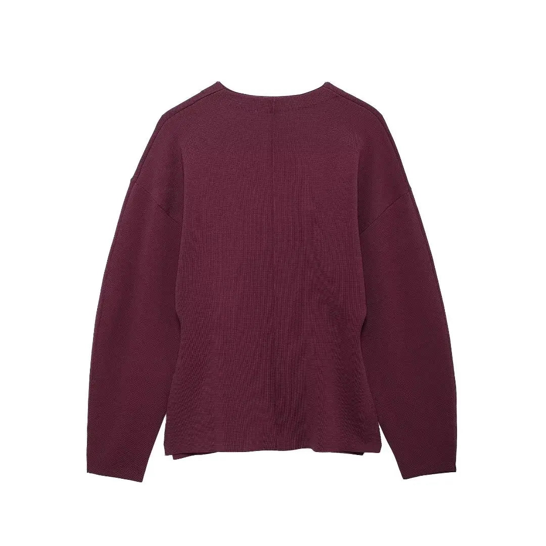 TRAFZA Women Elegant Knitted Coats Fashion Burgundy Red V-neck Slim Cardigan Autumn Office Lady Chic Solid Long Sleeve Outerwear