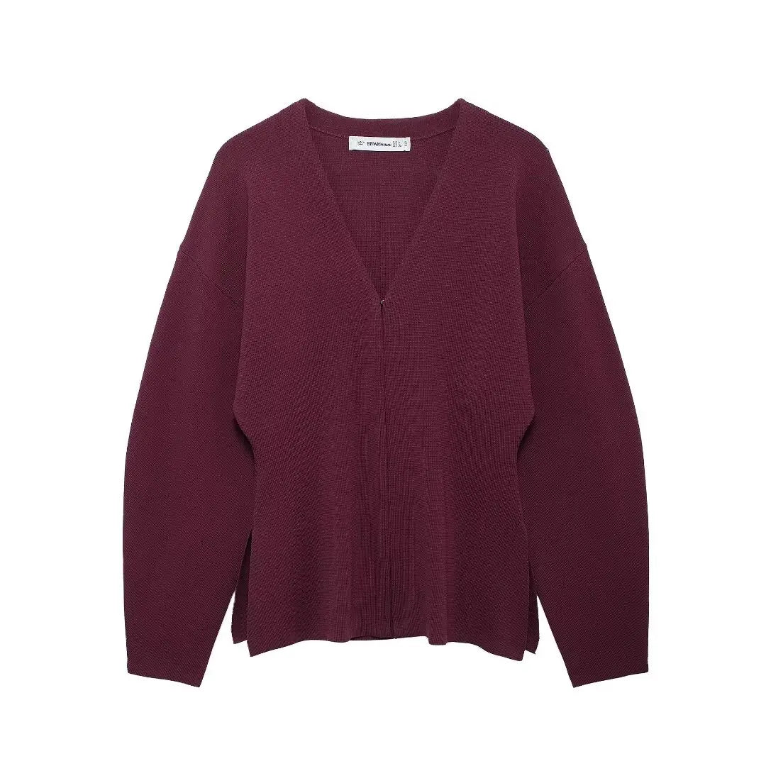 TRAFZA Women Elegant Knitted Coats Fashion Burgundy Red V-neck Slim Cardigan Autumn Office Lady Chic Solid Long Sleeve Outerwear