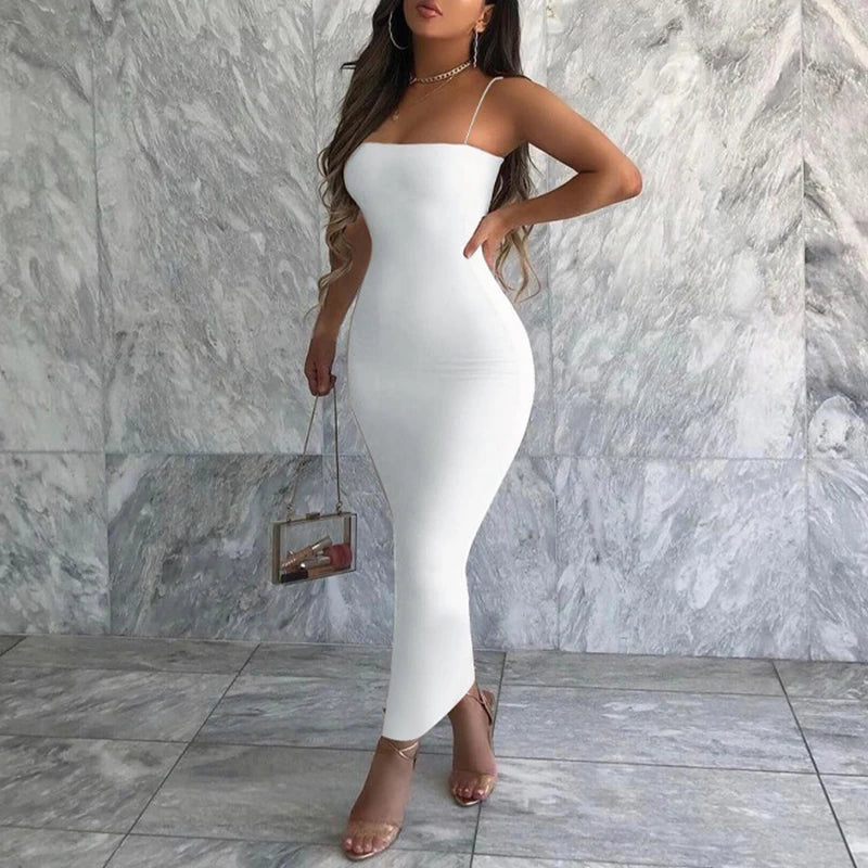 Summer Sexy Dress Women Nova Silhouette Streetwear Sleeveless Backless Solid Spaghetti Strap Bodycon Casual Clubwear Elegant Party Dresses