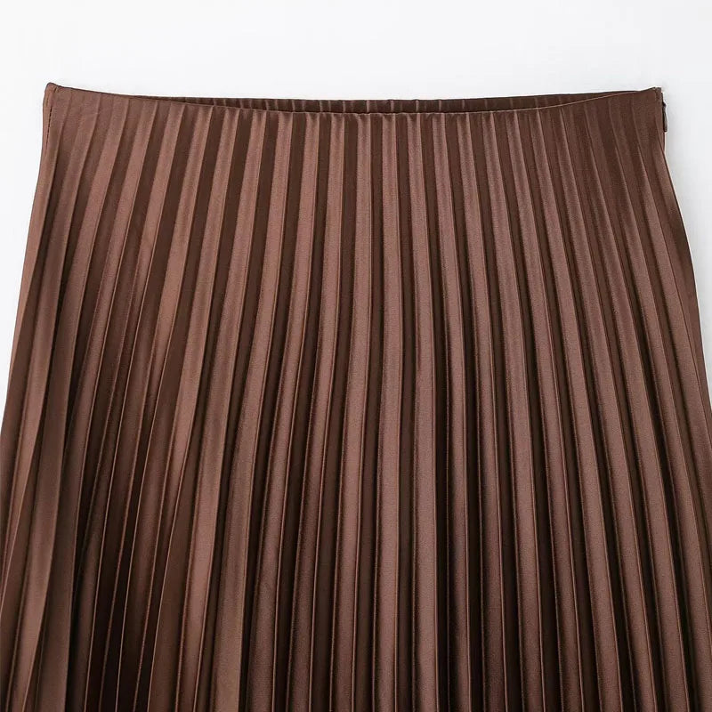 HXAO Women's Pleated Skirt Summer Brown Ruffle Skirt Cylinder Pleats Mid Waist Midi Skirt Fashion Elegant Women Long Skirt 2025
