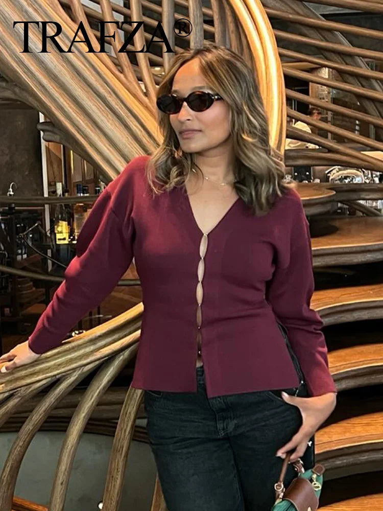 TRAFZA Women Elegant Knitted Coats Fashion Burgundy Red V-neck Slim Cardigan Autumn Office Lady Chic Solid Long Sleeve Outerwear