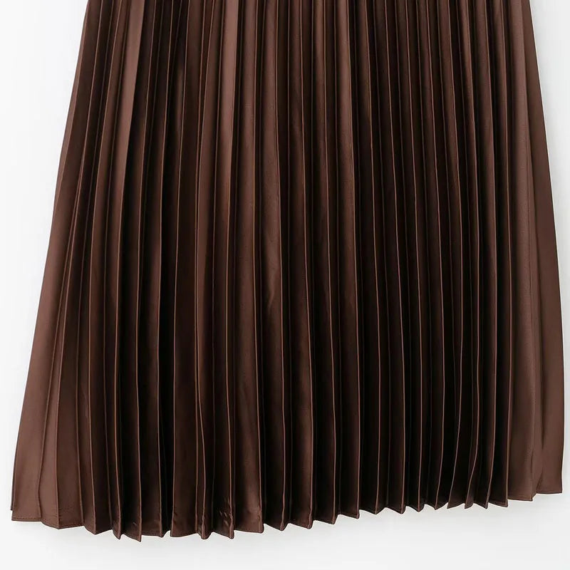 HXAO Women's Pleated Skirt Summer Brown Ruffle Skirt Cylinder Pleats Mid Waist Midi Skirt Fashion Elegant Women Long Skirt 2025