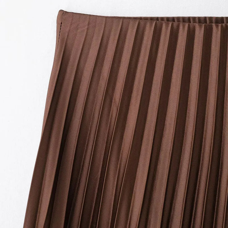 HXAO Women's Pleated Skirt Summer Brown Ruffle Skirt Cylinder Pleats Mid Waist Midi Skirt Fashion Elegant Women Long Skirt 2025