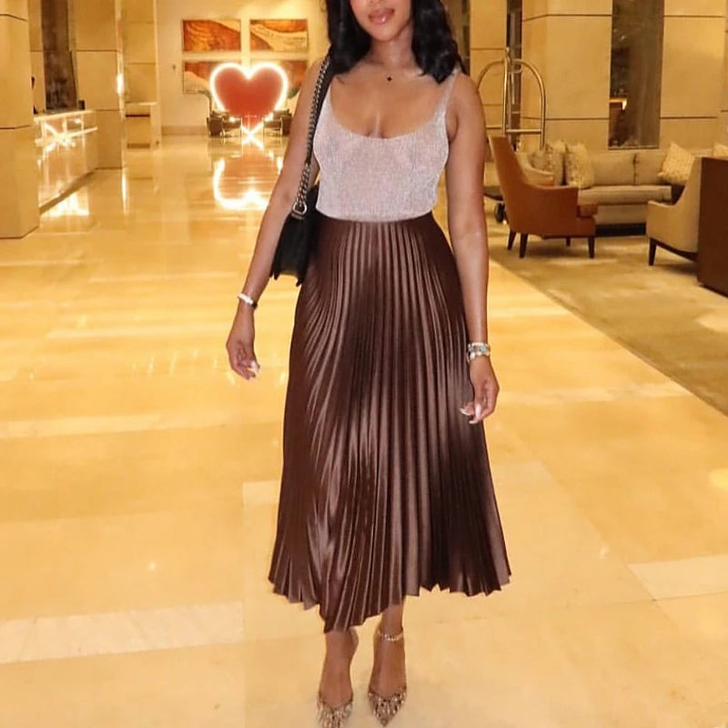 HXAO Women's Pleated Skirt Summer Brown Ruffle Skirt Cylinder Pleats Mid Waist Midi Skirt Fashion Elegant Women Long Skirt 2025