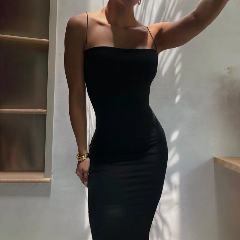 Summer  Sexy Dress Women Nova Silhouette Streetwear Sleeveless Backless Solid Spaghetti Strap Bodycon Casual Clubwear Elegant Party Dresses