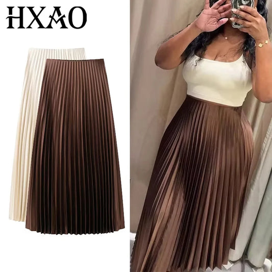 HXAO Women's Pleated Skirt Summer Brown Ruffle Skirt Cylinder Pleats Mid Waist Midi Skirt Fashion Elegant Women Long Skirt 2025