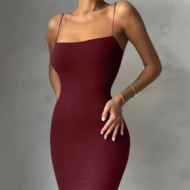 Summer  Sexy Dress Women Nova Silhouette Streetwear Sleeveless Backless Solid Spaghetti Strap Bodycon Casual Clubwear Elegant Party Dresses
