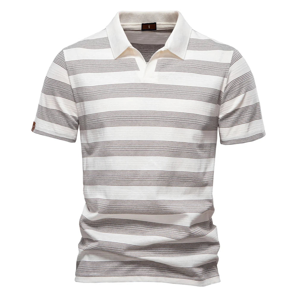 AIOPESON 2025 New Summer Striped V Neck Cotton Polo Shirts for Men Breathable Short Sleeve Casual Knit Shirts Comfort Fit
