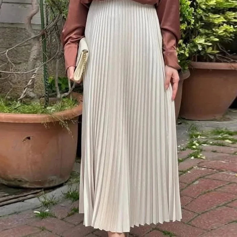 HXAO Women's Pleated Skirt Summer Brown Ruffle Skirt Cylinder Pleats Mid Waist Midi Skirt Fashion Elegant Women Long Skirt 2025