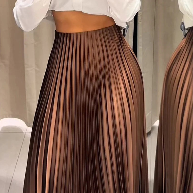 HXAO Women's Pleated Skirt Summer Brown Ruffle Skirt Cylinder Pleats Mid Waist Midi Skirt Fashion Elegant Women Long Skirt 2025