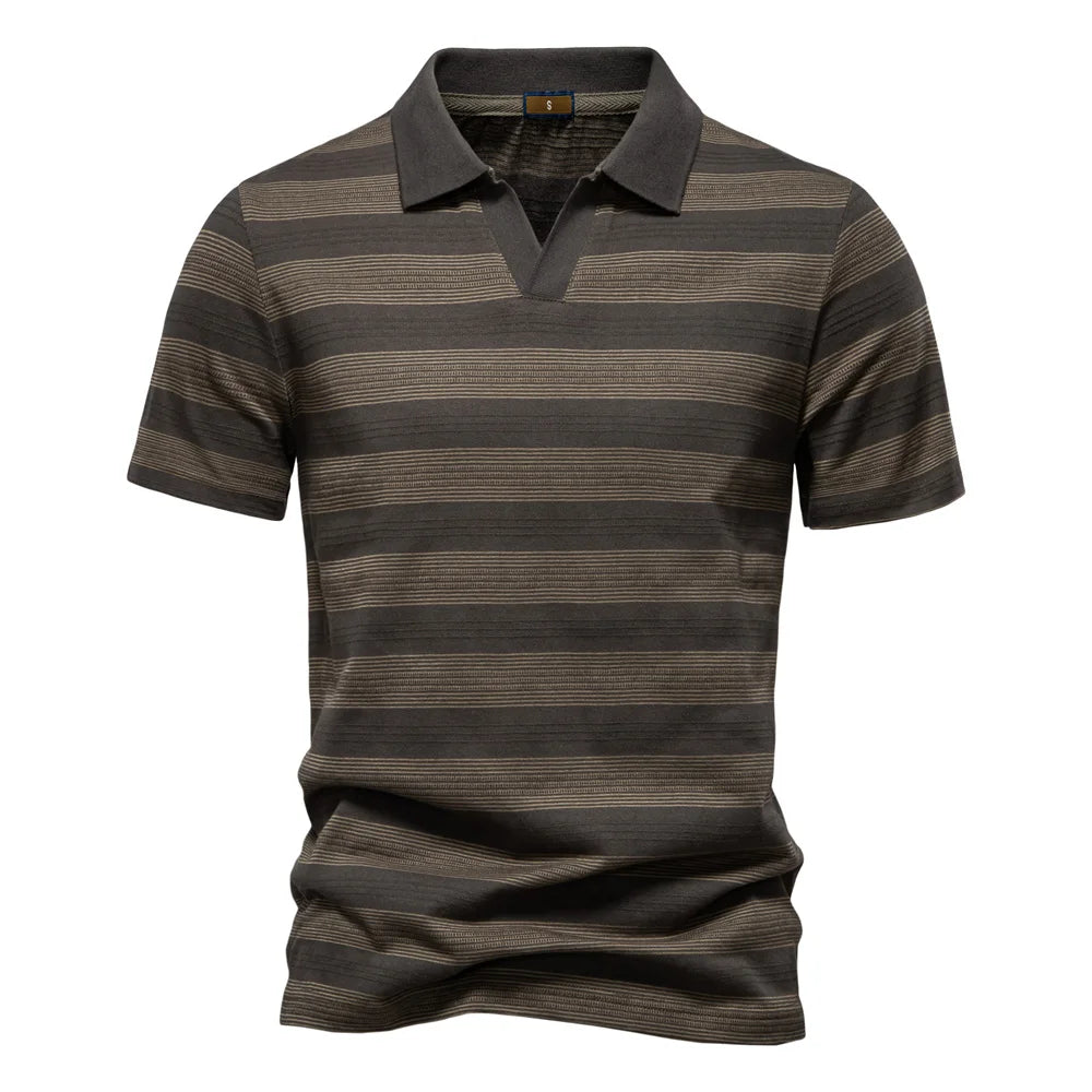 AIOPESON 2025 New Summer Striped V Neck Cotton Polo Shirts for Men Breathable Short Sleeve Casual Knit Shirts Comfort Fit