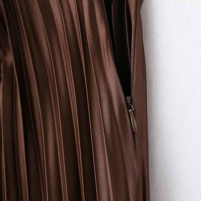 HXAO Women's Pleated Skirt Summer Brown Ruffle Skirt Cylinder Pleats Mid Waist Midi Skirt Fashion Elegant Women Long Skirt 2025