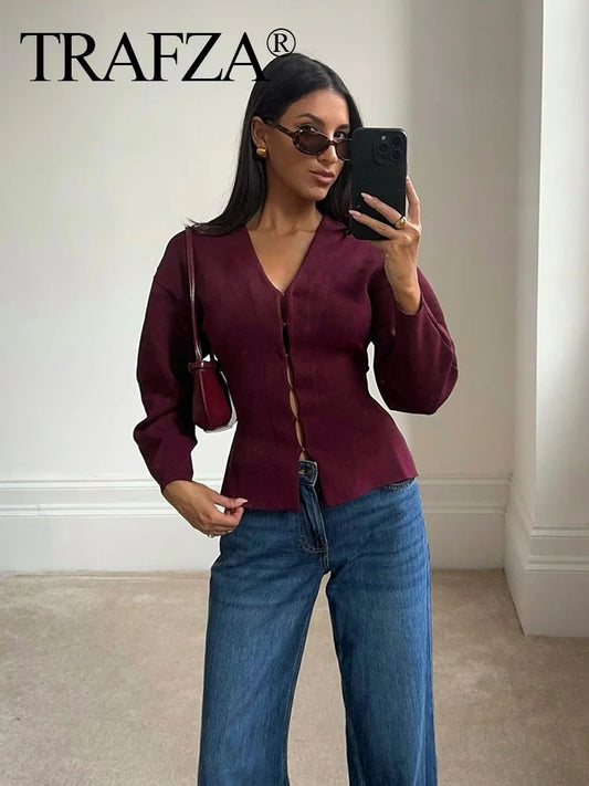 TRAFZA Women Elegant Knitted Coats Fashion Burgundy Red V-neck Slim Cardigan Autumn Office Lady Chic Solid Long Sleeve Outerwear